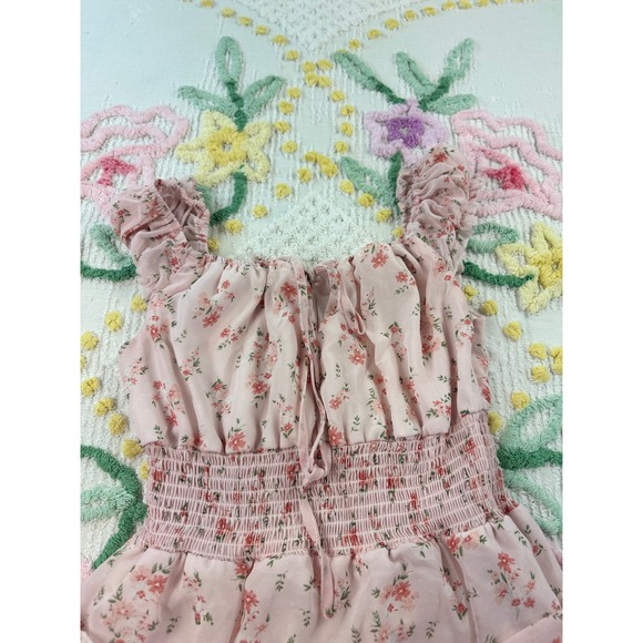Shein Floral Tiered Midi Dress Off Shoulder Smocked Waist Short Sleeve‎ Pink M - Picture 12 of 12
